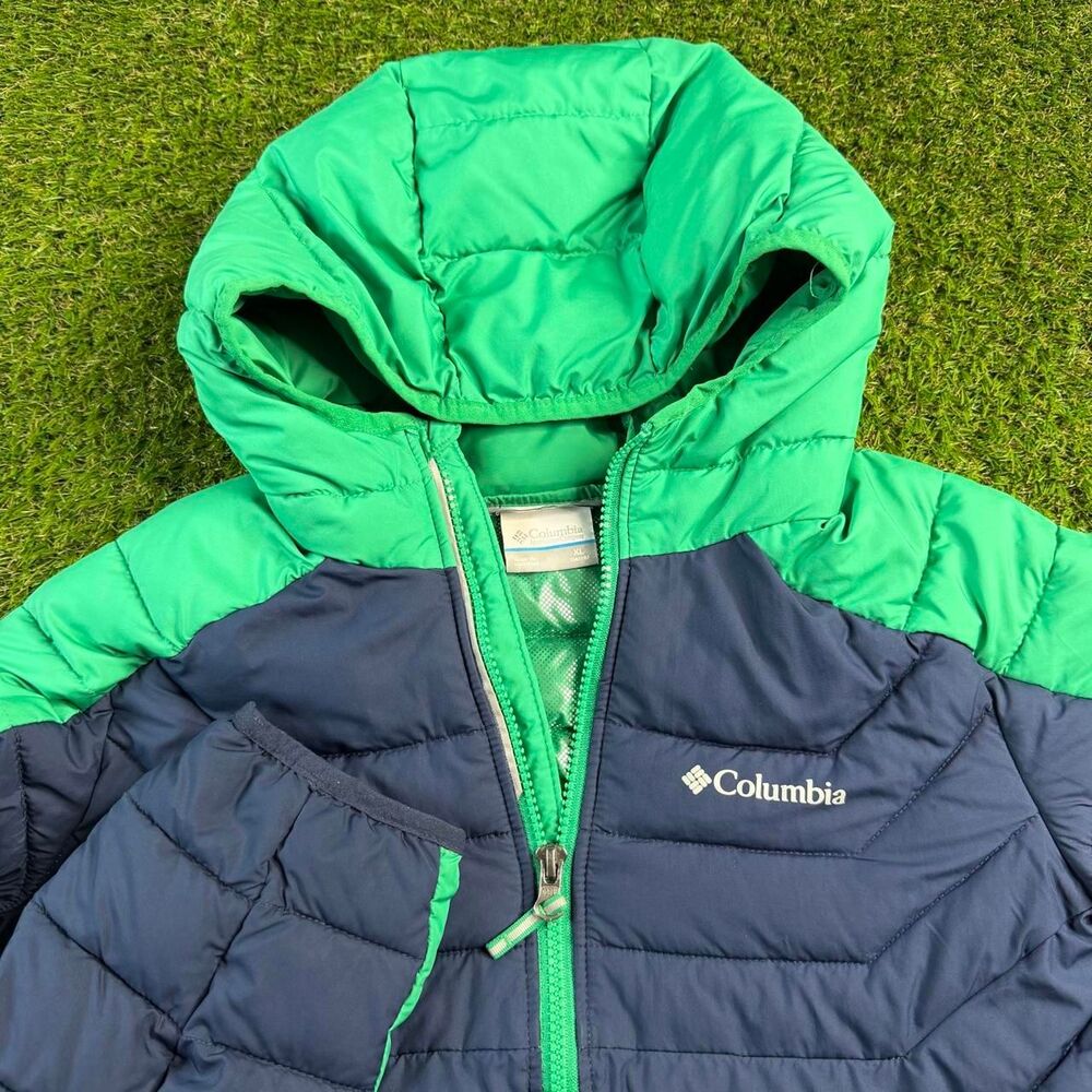 Columbia Sportswear Puffer Jacket Youth XL Blue Green Full Zip Hoodie Omni-Heat